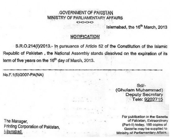 National Assembly dissolution Notification after 5 years