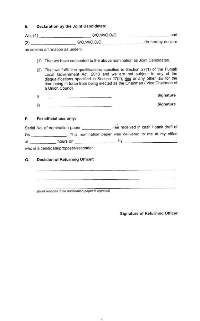 Punjab local body Nomination Form for chairman, vice chairman UC-Ward 2
