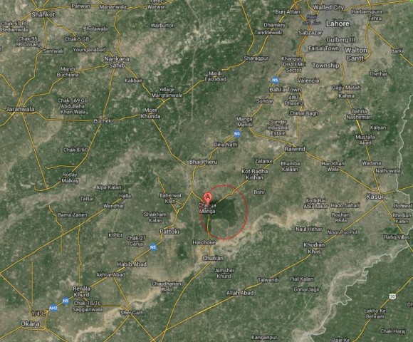 Changa Manga Forest Location Map, between Okara and Lahore
