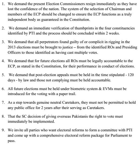 Imran Khan Charter of Demands - May 11, 2014