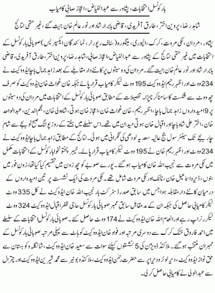 KPK Bar Council Election Results 2014, Peshawar, Mardan, Swat, Swabi etc