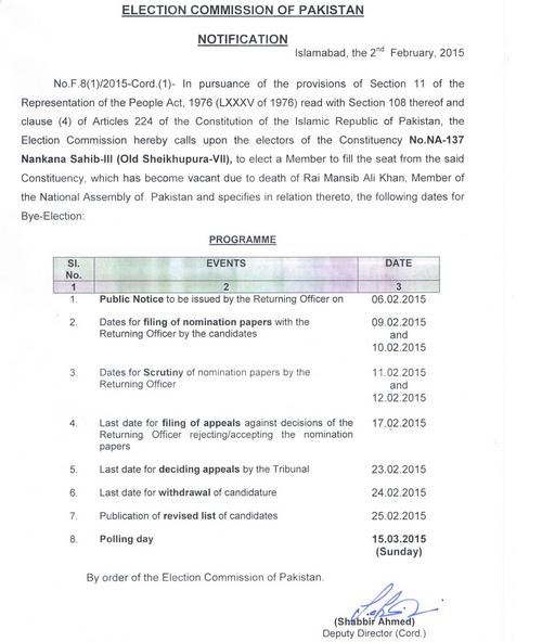 ECP Notification for By-Election in NA-137 Nanaka Sahab (Old Sheikhupura) dated 2-2-2015