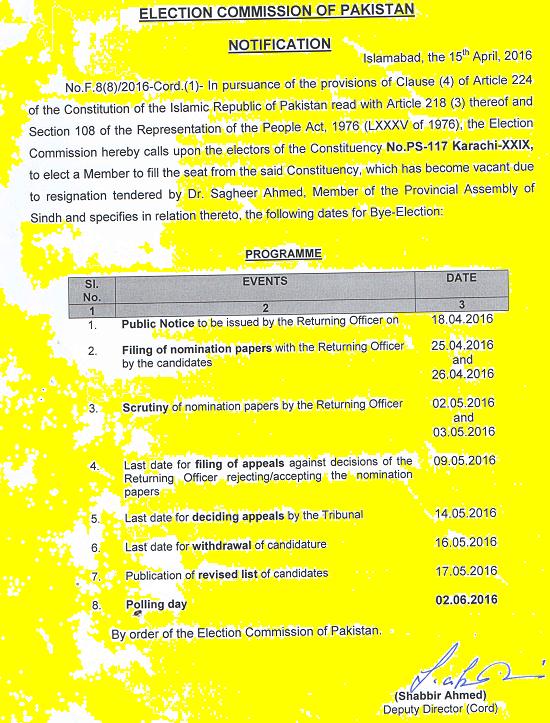 PS 117 Karachi By Election Schedule - Detail program