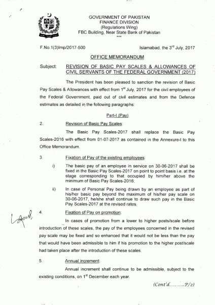 Revision of Basic Pay Scale and Allowances 2017 of Govt Employees 1