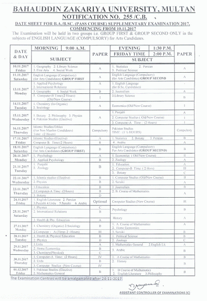 Bahauddin Zakariya University (BZU) Multan Notification of BA BSc Supply Exam Date Sheet 2017