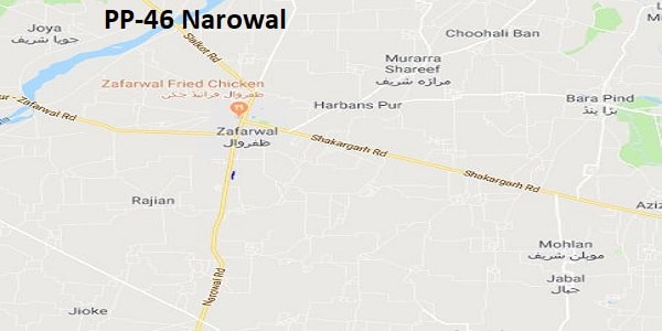 PP 46 Narowal Google Area Location Map Election 2018 Punjab Assembly constituency (Halqa)-min